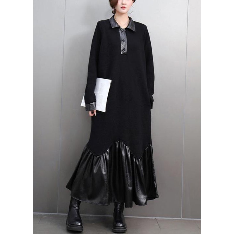 Women Black Peter Pan Collar Patchwork Button Maxi Dresses Spring