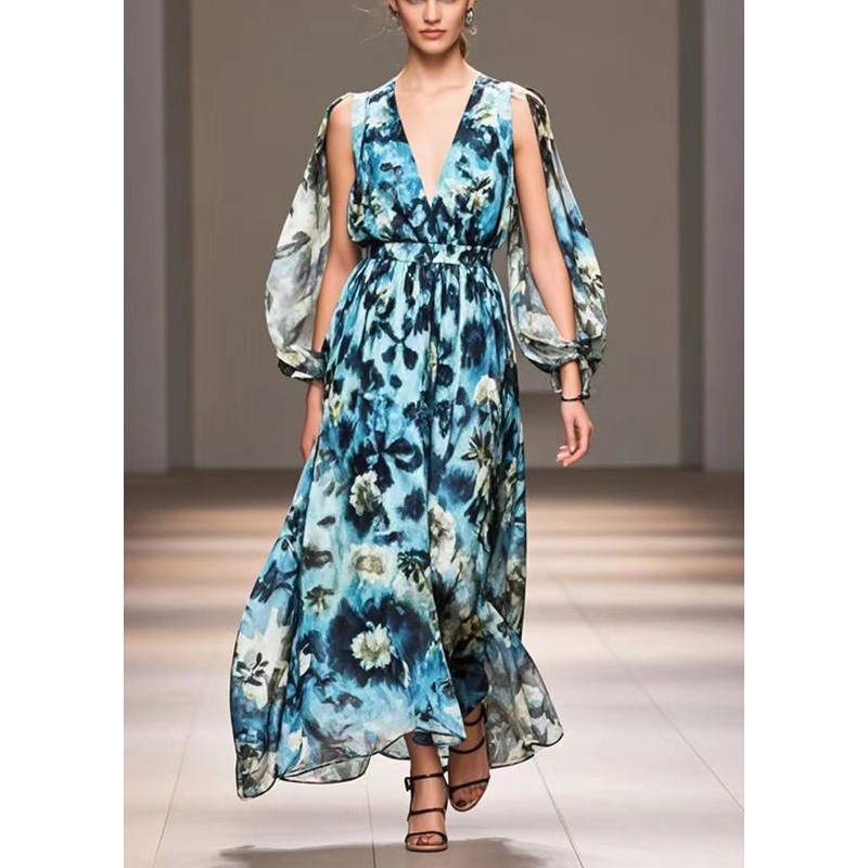 Women Blue Print Exra Large Hem Chiffon Long Dress Fall