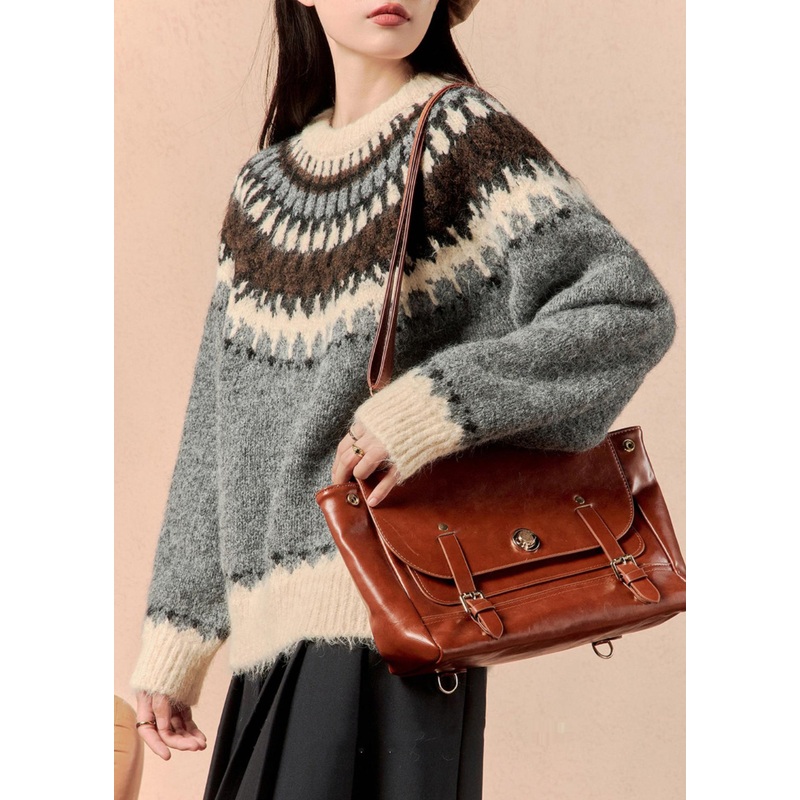 Women Grey O Neck Thick Patchwork Knit Sweater Winter