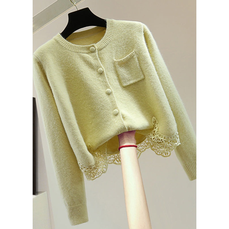 Women Light Green O-Neck Lace Patchwork Cotton Knit Sweaters Winter