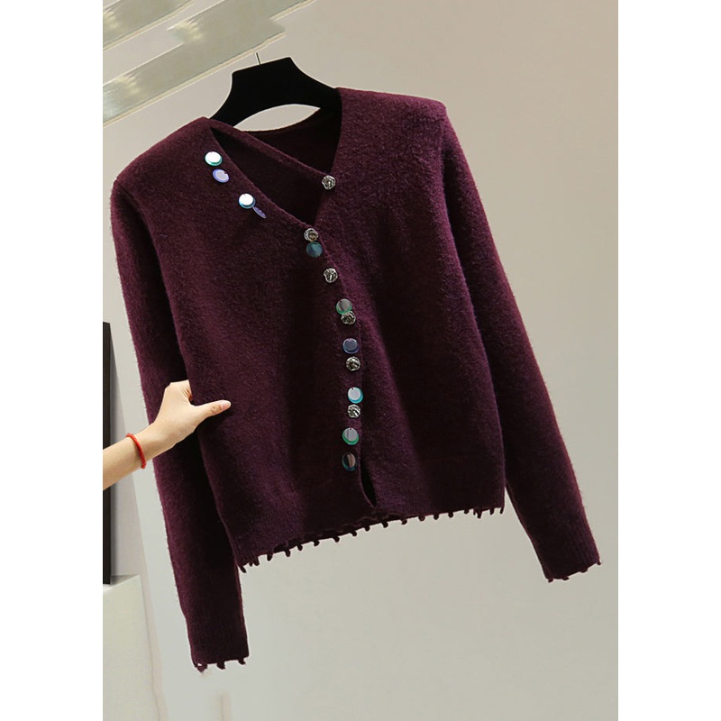 Women Mulberry V Neck Asymmetrical Sequins Cotton Knit Sweaters Winter