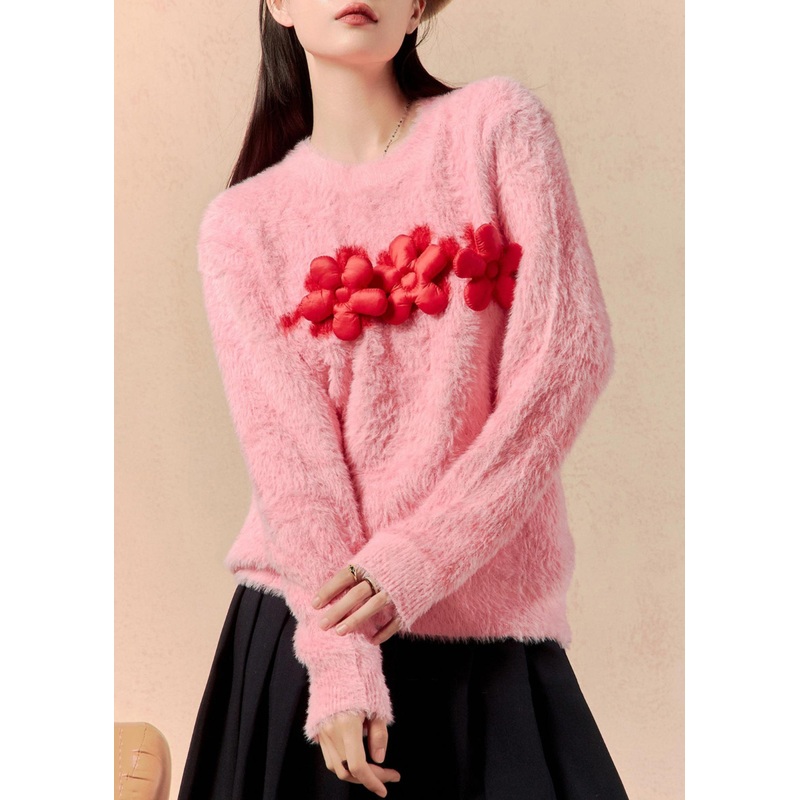 Women Pink O Neck Floral Mink Hair Knitted Sweaters Winter
