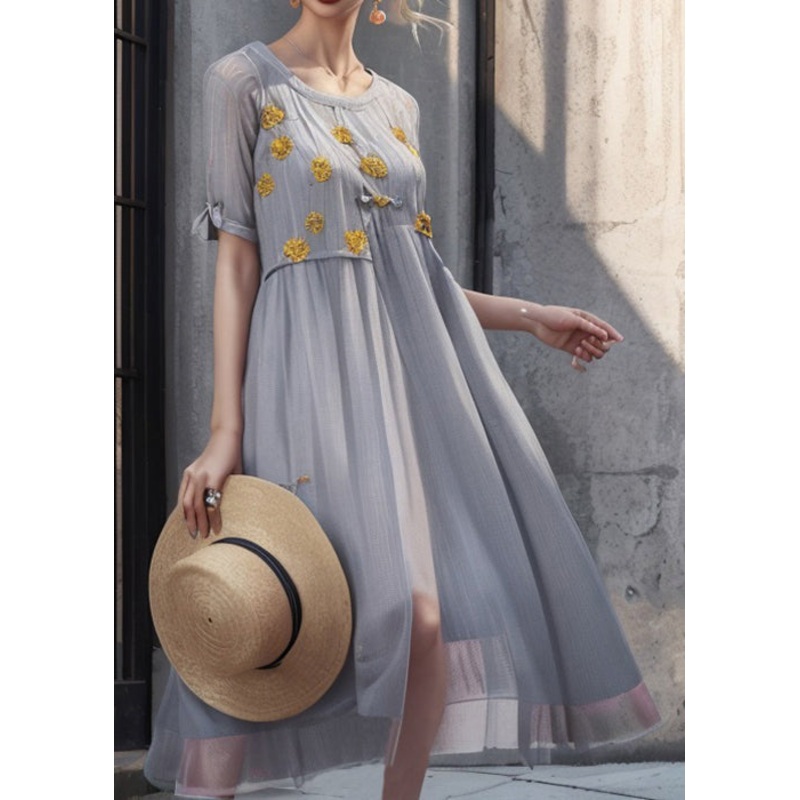 Art Grey Print Solid Silk Long Dresses Summer