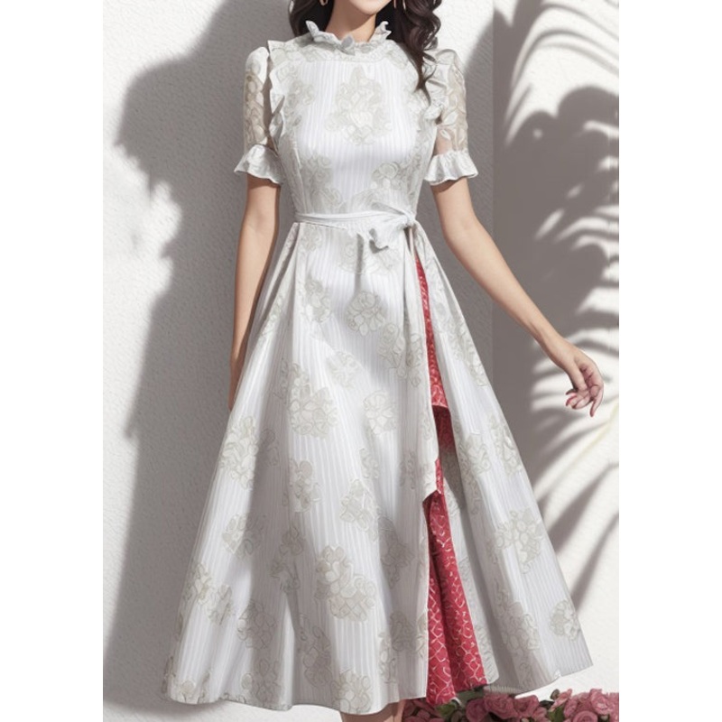 Art Grey Ruffled Patchwork Silk Long Dress Short Sleeve