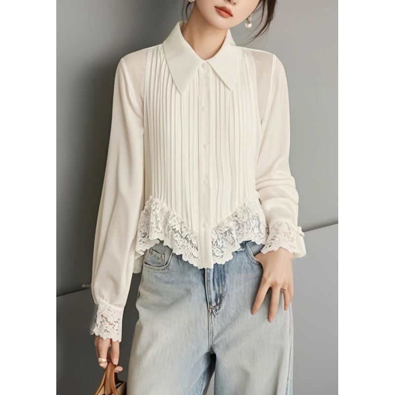 Art White Button Lace Solid Chiffon Blouses Spring