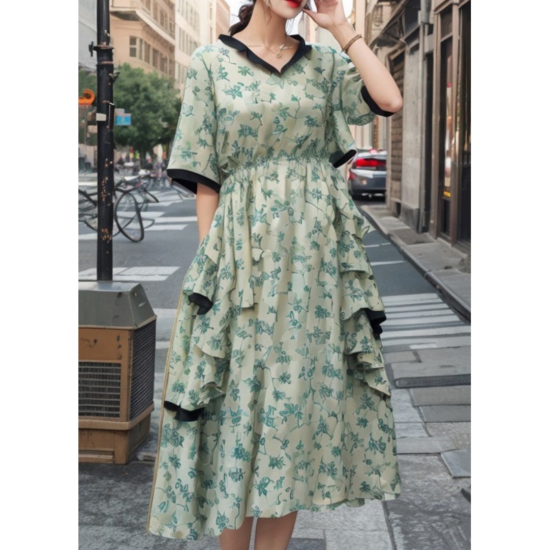 Beautiful Green Ruffled Pockets Cotton Dresses Summer