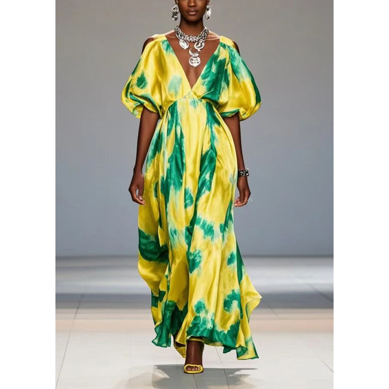 Beautiful Yellow Cold Shoulder Print Silk Maxi Dresses Lantern Sleeve