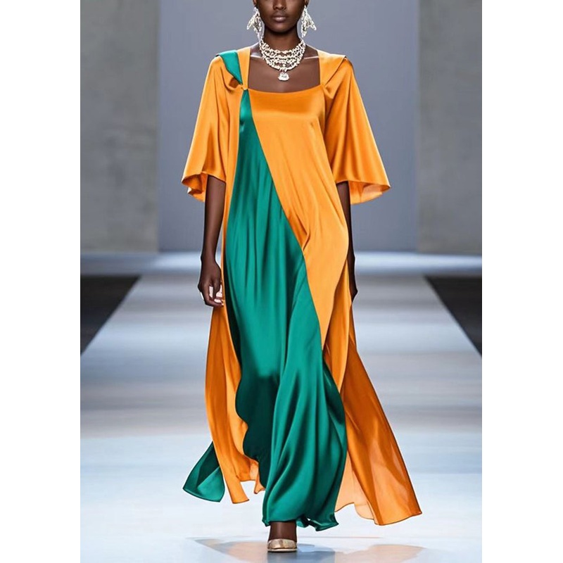 Beautiful Yellow Oversized Patchwork Silk Maxi Dress Summer