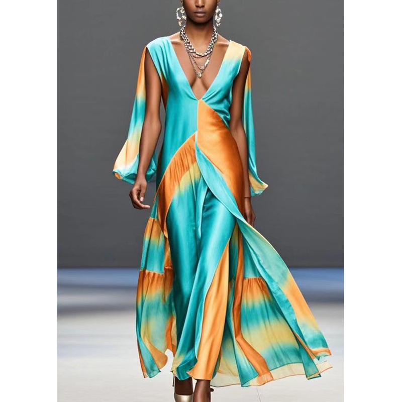 Bohemian Green Deep-V Neck Patchwork Silk Maxi Dresses Butterfly Sleeve