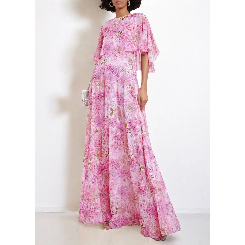 Bohemian Pink O Neck Print Chiffon Maxi Dresses Butterfly Sleeve