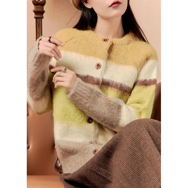 Chic Yellow Striped Button Patchwork Cotton Knit Sweaters Winter