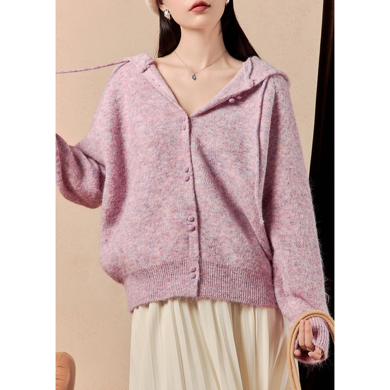 Classy Purple Hooded Button Lace Up Knit Coats Spring