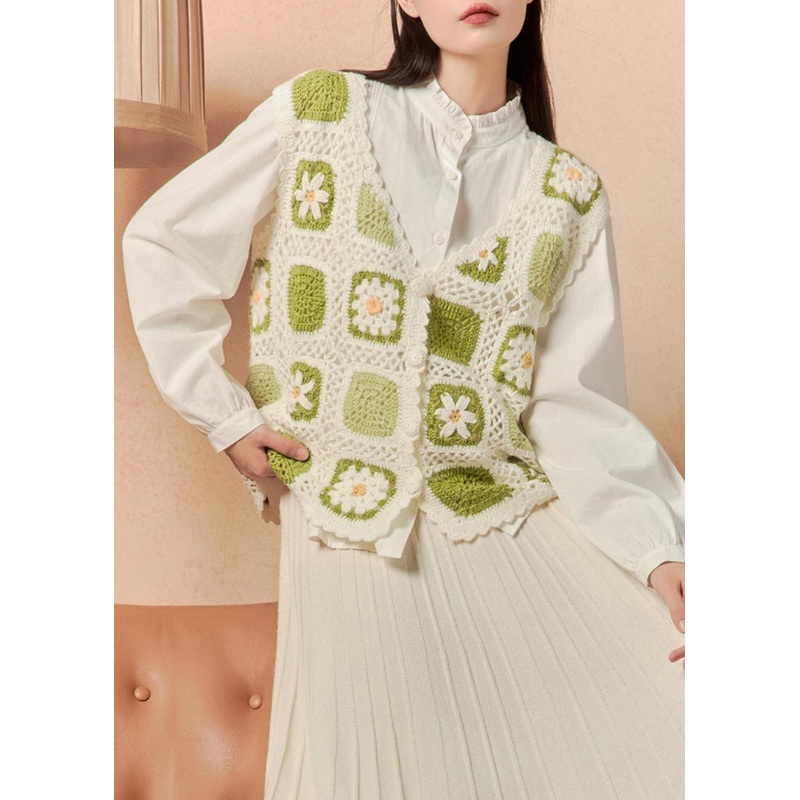 Elegant Green Button Hollow Out Knit Waistcoat Sleeveless