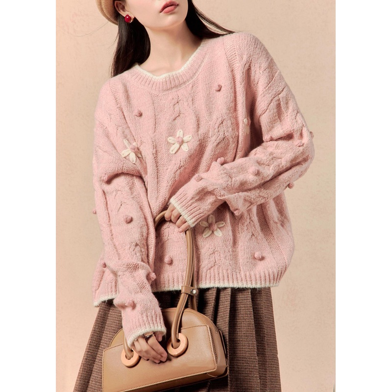 Elegant Pink Cozy Solid Cotton Knit Sweaters O Neck Spring