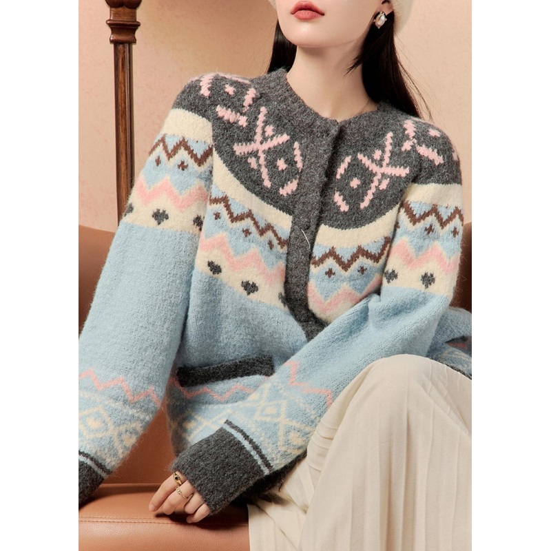 French Blue Button Patchwork Knit Cardigans Winter