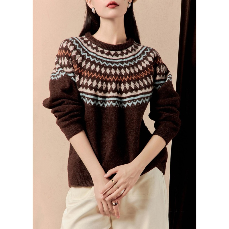 French Coffee O Neck Geometric Thick Knit Sweater Winter