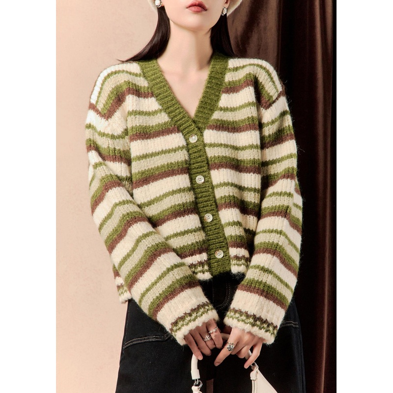 Green Striped Button Original Design Knit Sweater V Neck Winter