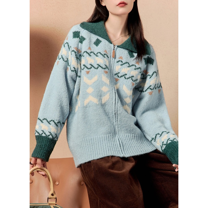 Jacquard Blue Zip Up Patchwork Knit Coats Winter