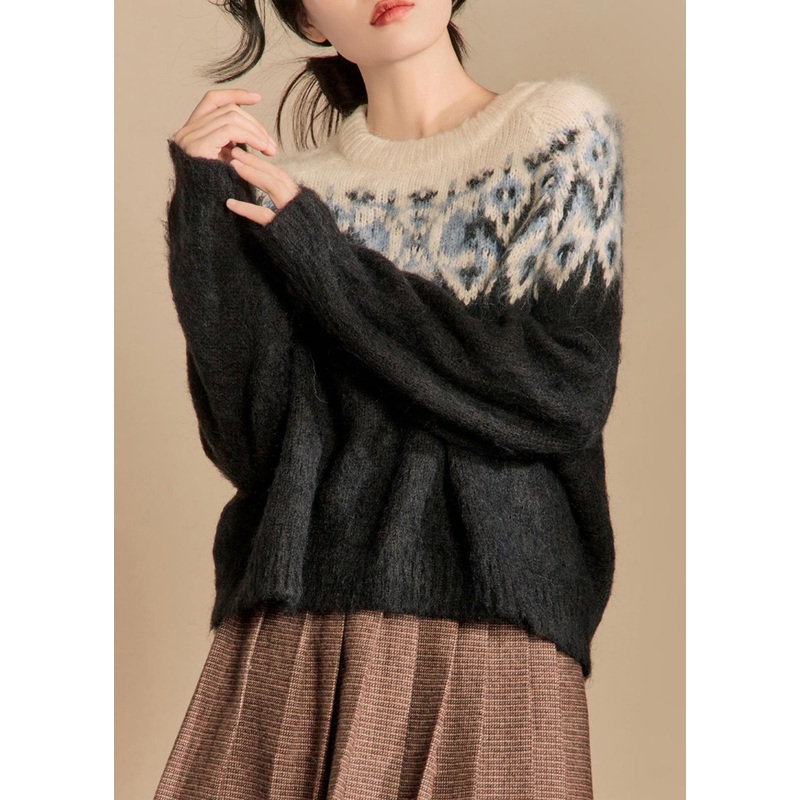 Loose Beige O Neck Thick Patchwork Cotton Knit Sweater Winter