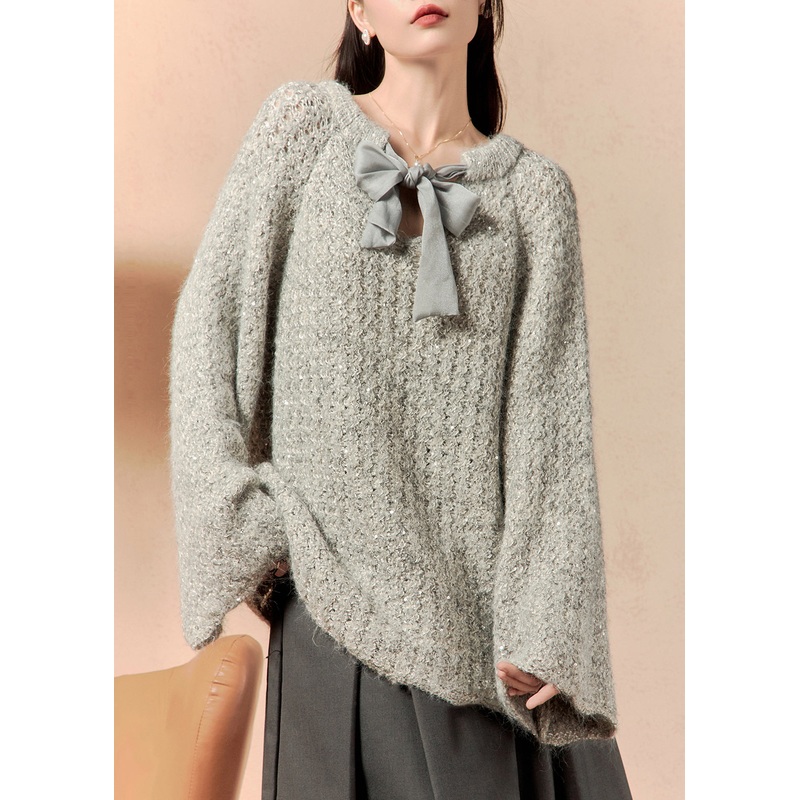 Loose Grey Lace Up Solid Knit Sweaters Flare Sleeve
