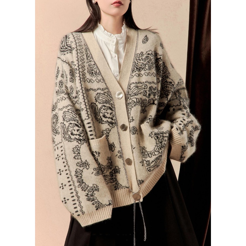 Loose Light Khaki Button Pockets Cotton Knit Cardigan Spring