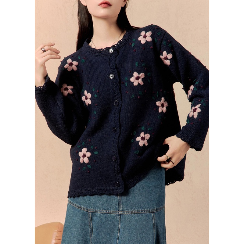 Loose Navy Floral Button Cozy Knit Coats Winter