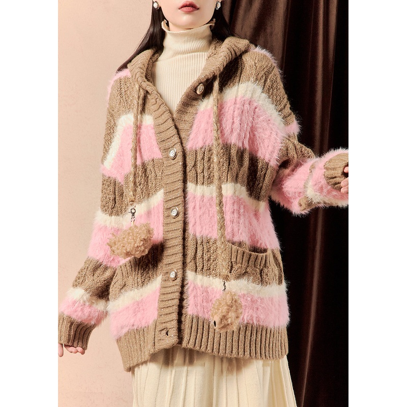 Loose Pink Hooded Striped Button Cotton Knit Coats Winter