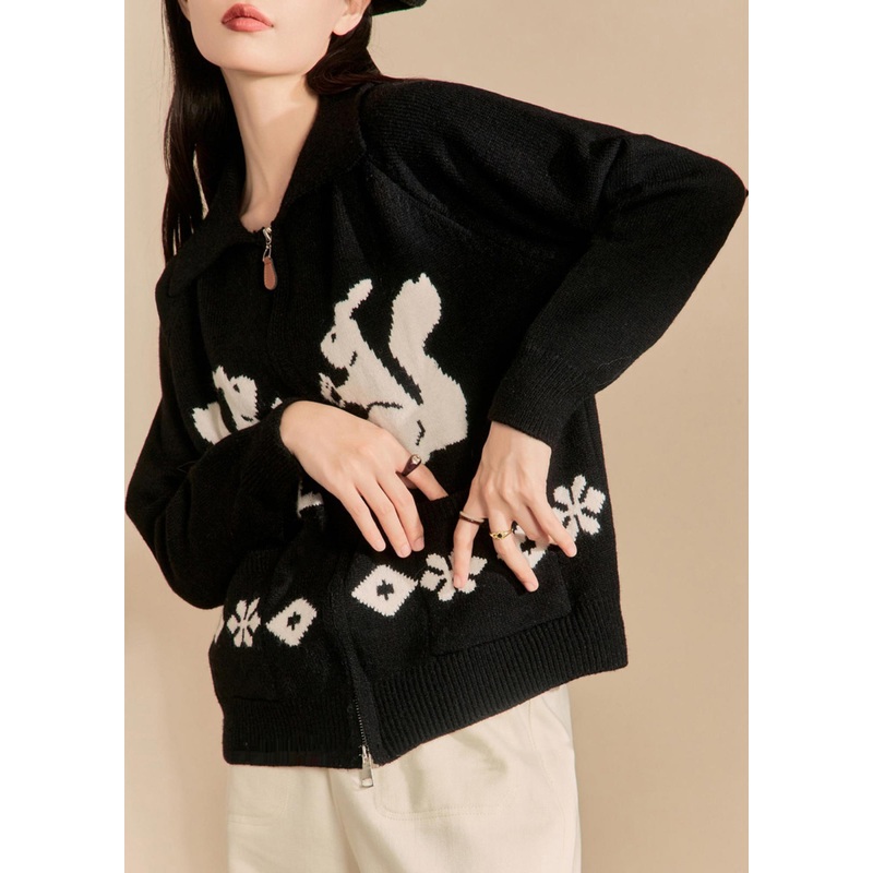 New Black Embroidered Zip Up Pockets Knit Coats Winter
