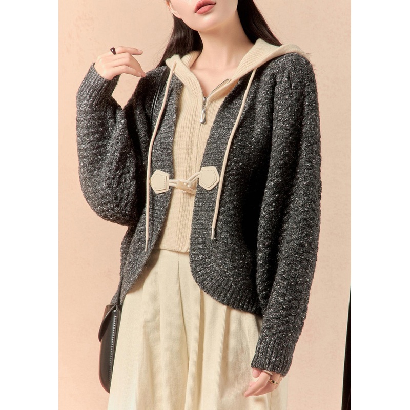 New Grey Hooded Patchwork False Two Pieces Knit Coats Winter