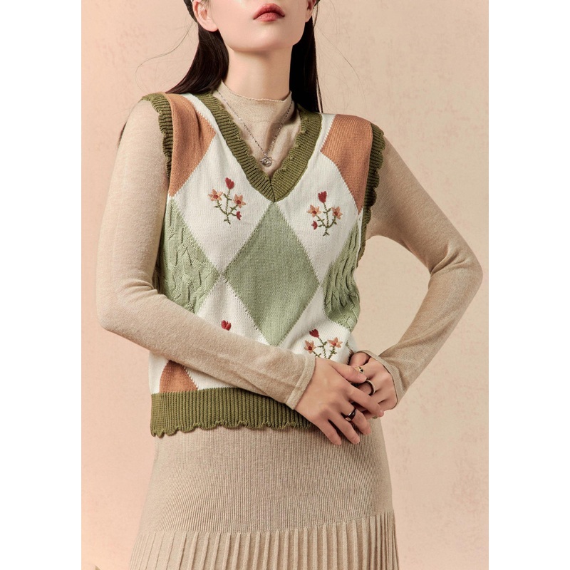 New Photo Color V Neck Patchwork Knit Vest Sleeveless