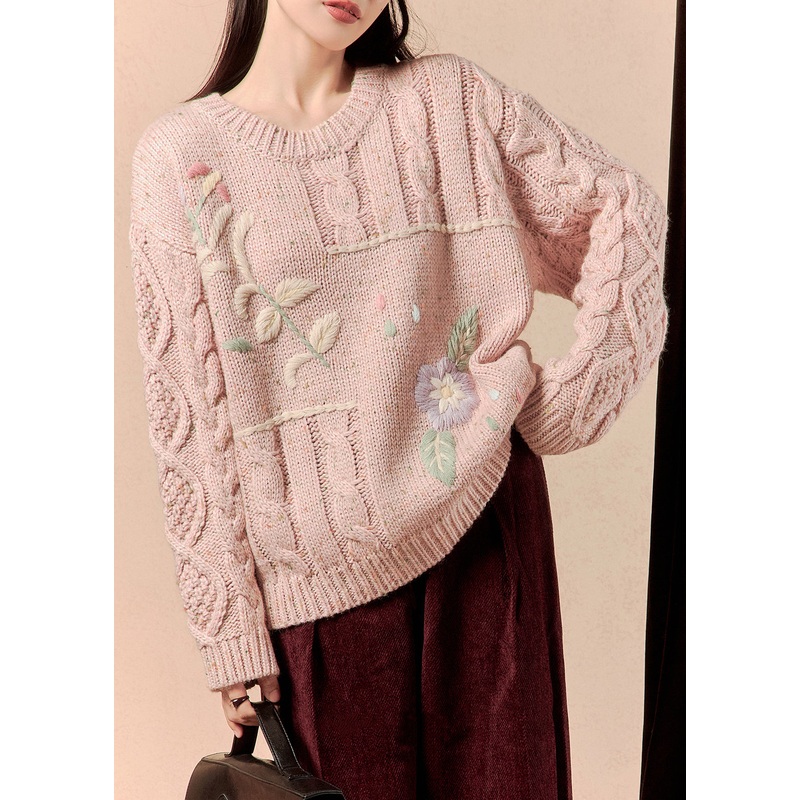 Pink Embroidered Loose Knit Sweater O-Neck Spring