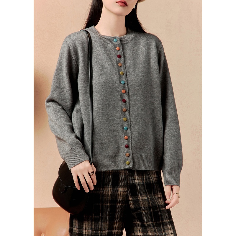 Simple Grey O Neck Button Cozy Knit Sweater Winter