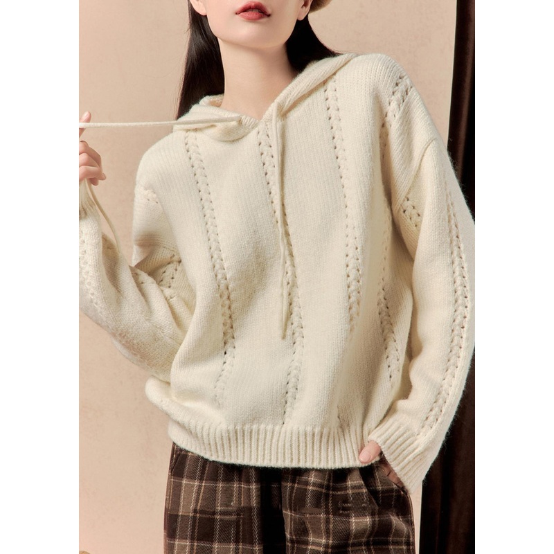Simple White Hooded Hollow Out Knit Sweater Winter