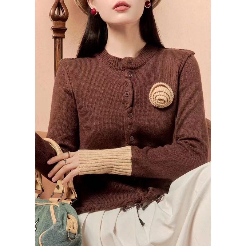 Slim Fit Brown Button Patchwork Knit Sweaters Winter