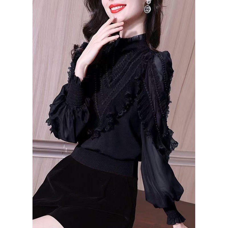 Stylish Black Ruffled Nail Bead Chiffon Blouses Lantern Sleeve