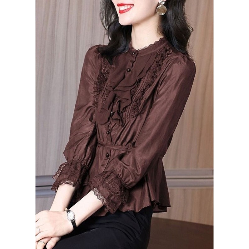 Stylish Coffee Tie Waist Lace Patchwork Shirt Spring