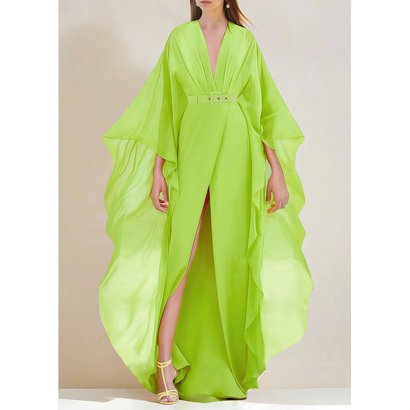 Stylish Green V Neck Ruffled Front Open Silk Long Dress Spring