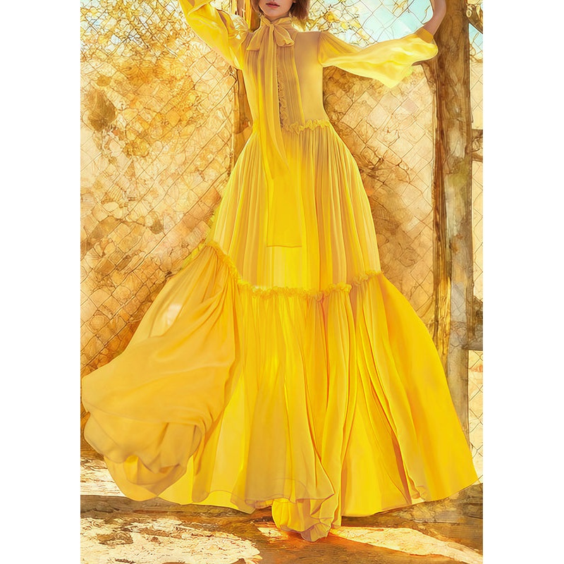 Stylish Yellow Lace Up Ruffled Patchwork Silk Long Dress Spring