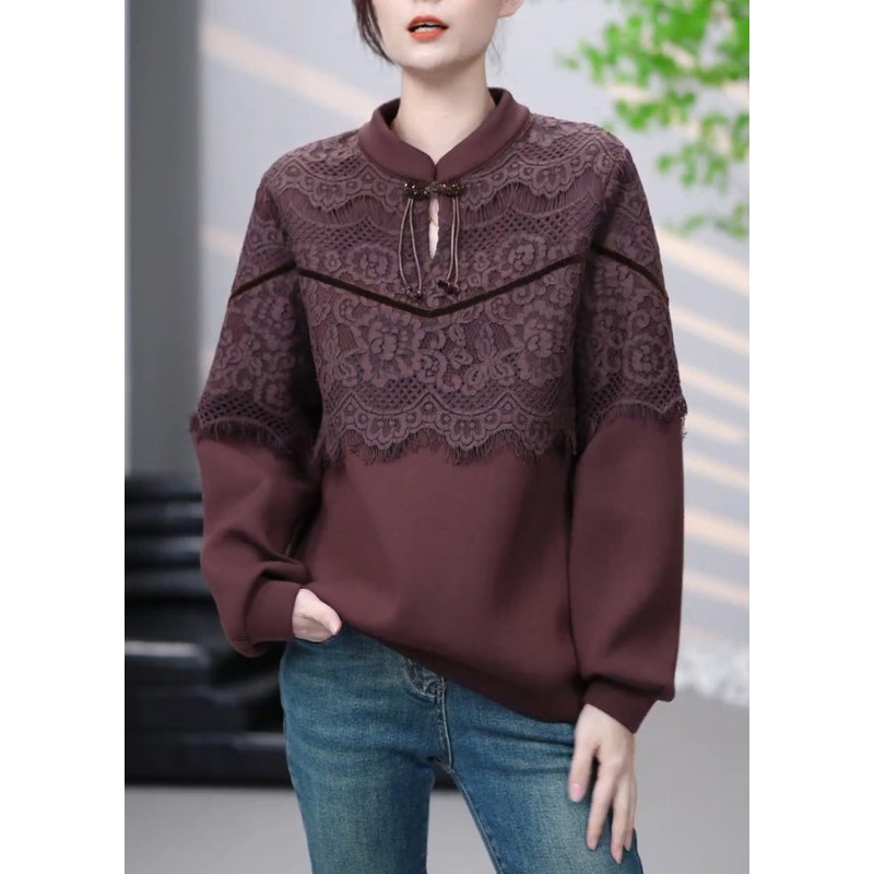 Vintage Brown Lace Patchwork Cotton Sweatshirt Winter