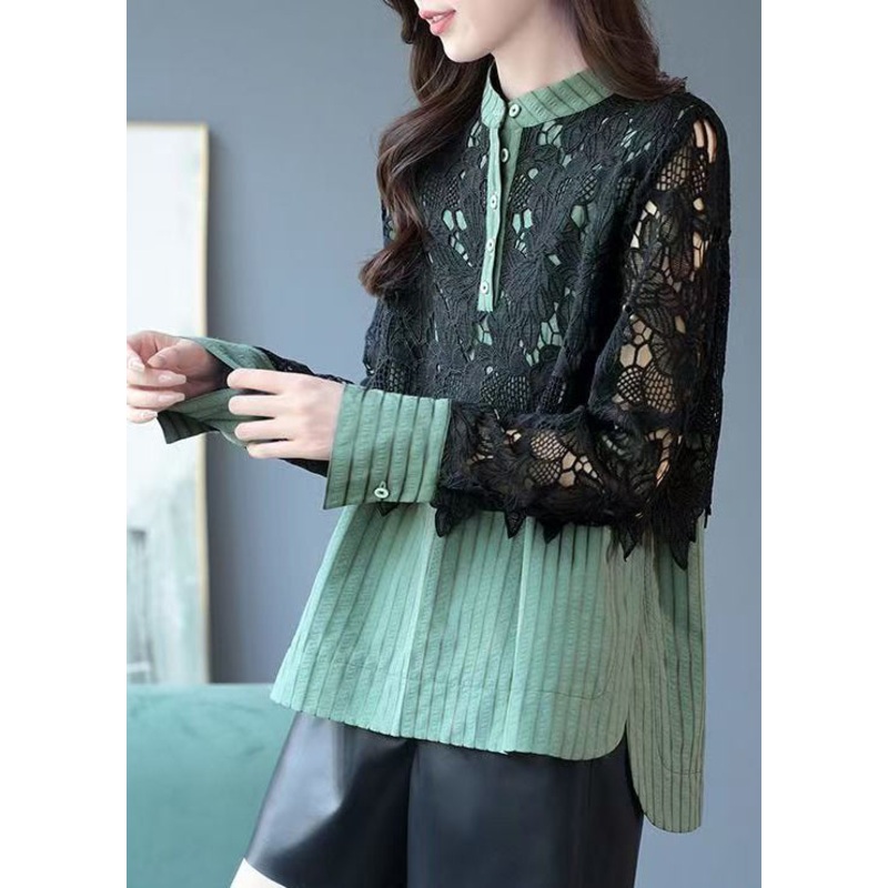 Vogue Green Striped Button Lace Patchwork Shirt Spring