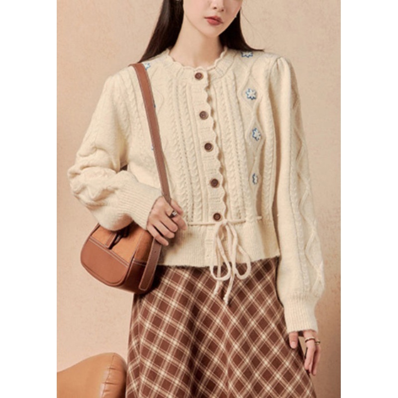 Women Beige Button Lace Up Knit Sweater Winter