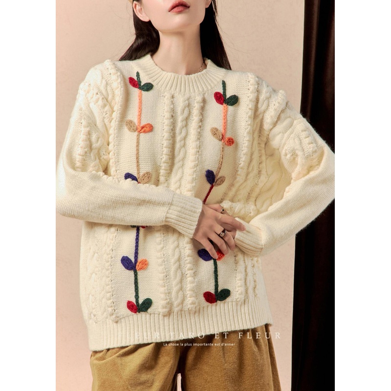 Women Beige O Neck Cozy Cable Knit Sweater Winter