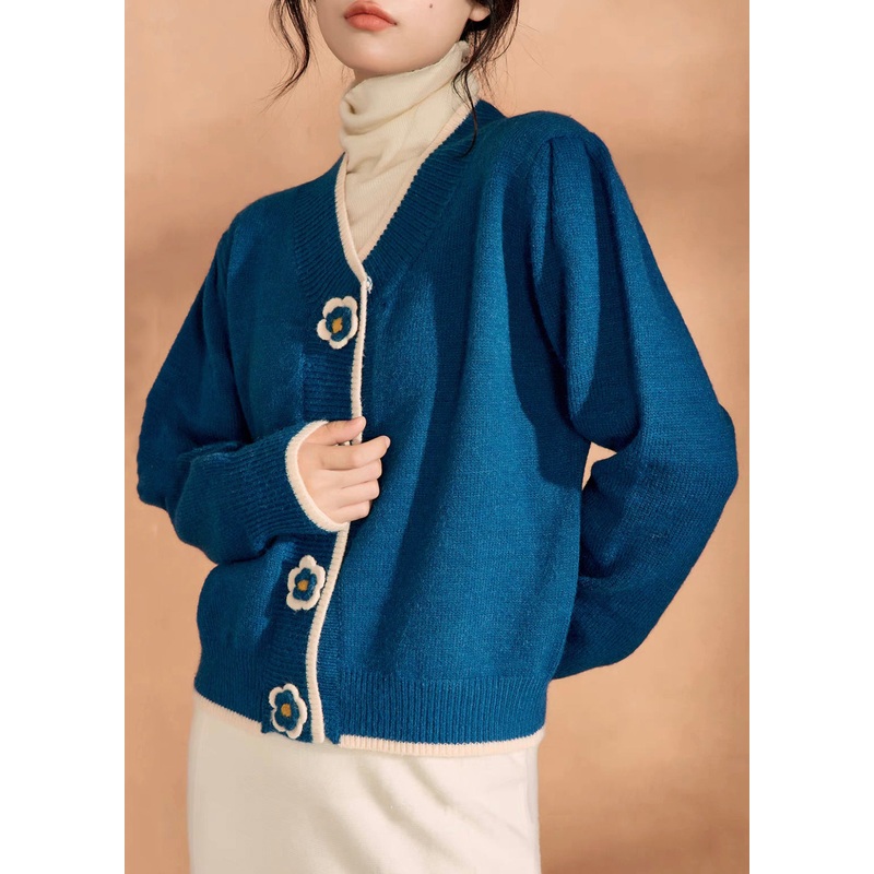Women Blue V Neck Floral Knit Short Sweater Winter