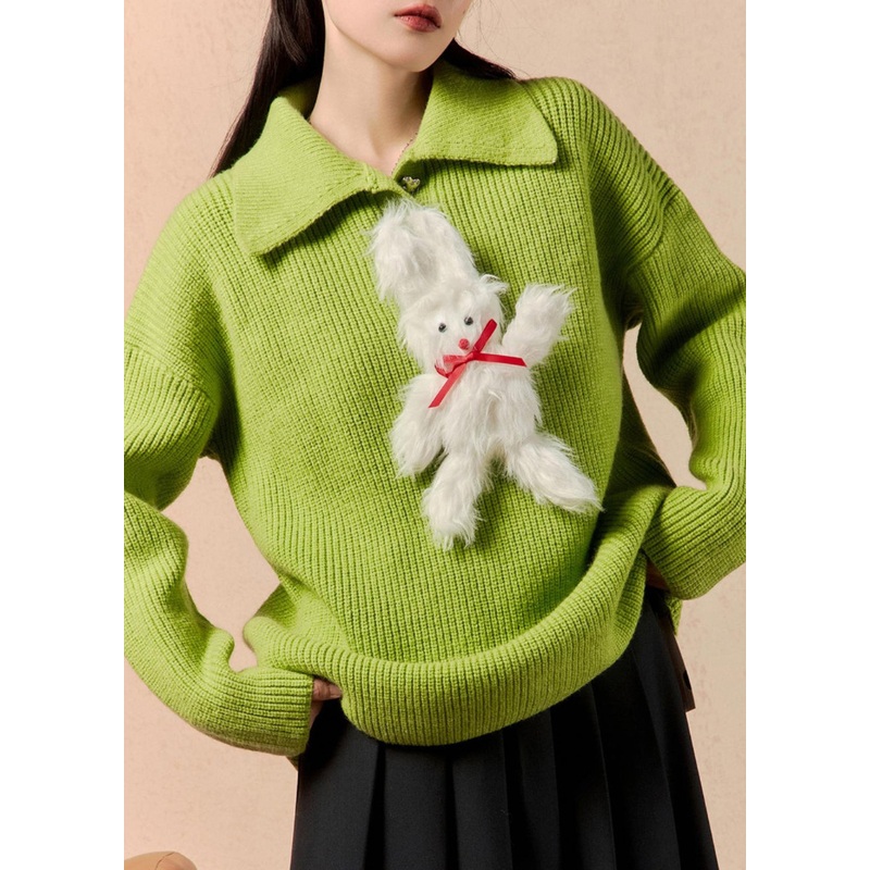 Women Green Peter Pan Collar Patchwork Knit Sweaters Winter