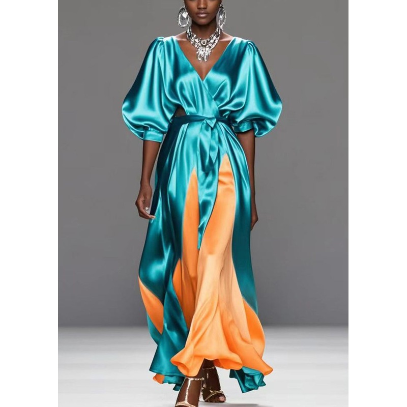 Women Green V Neck Patchwork Draping Silk Maxi Dress Summer