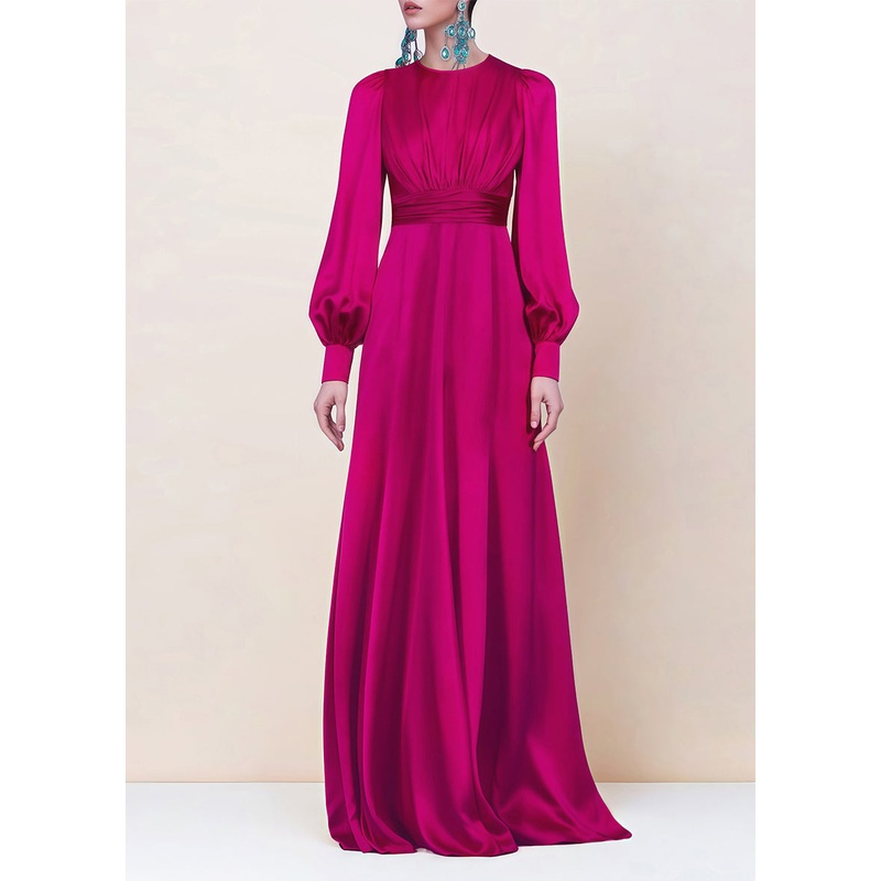 Women Rose O Neck Wrinkled Silk Dress Lantern Sleeve