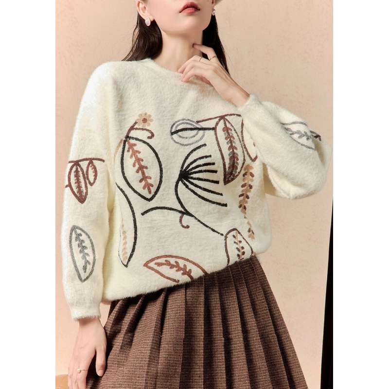 Women White O Neck Embroidered Cotton Knit Sweater Winter