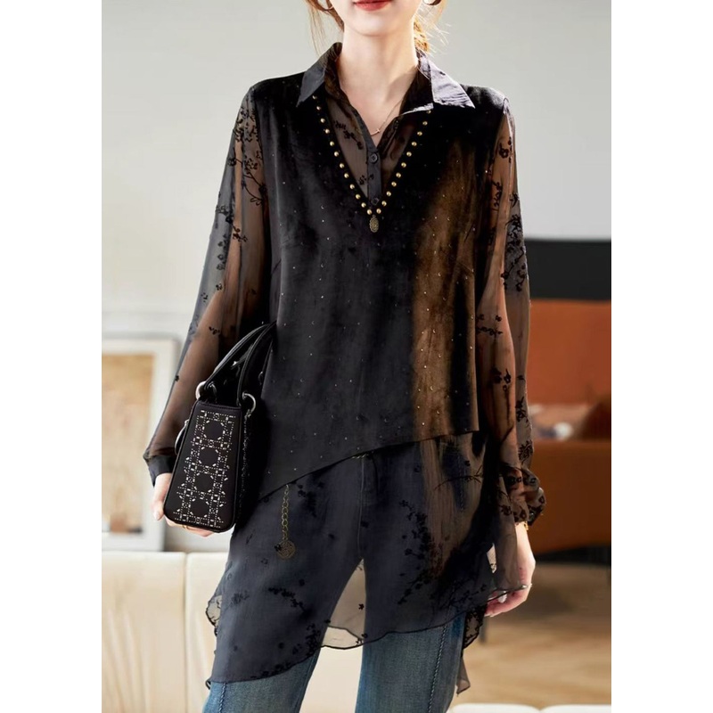 Art Black Nail Bead False Two Pieces Cotton Shirt Spring