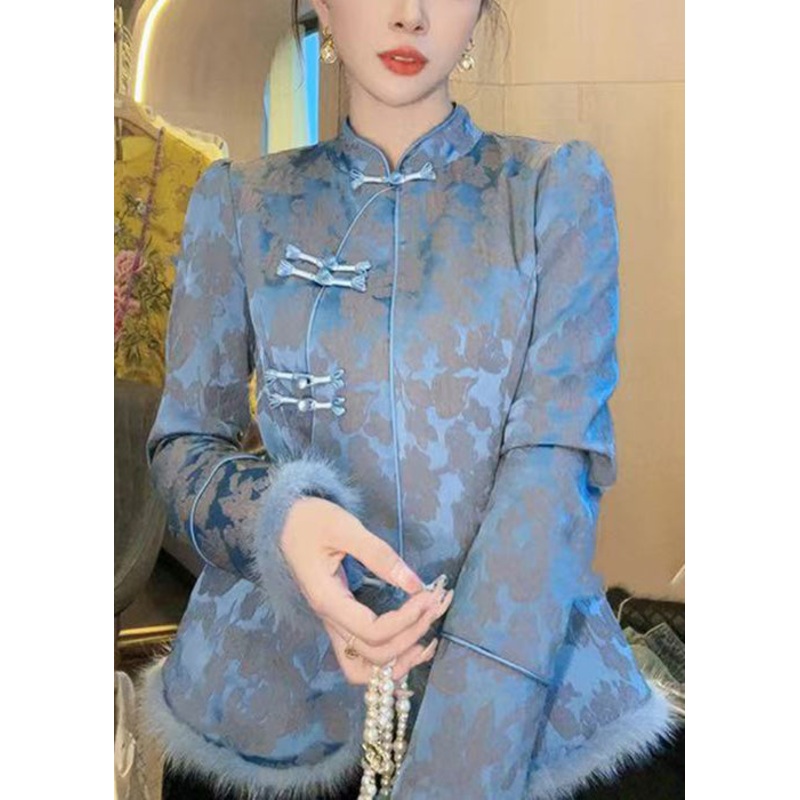Art Blue Stand Collar Button Cotton Filled Blouses Winter