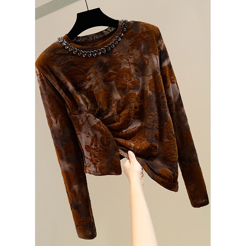 Art Brown Asymmetrical Wrinkled Nail Bead Cotton Knit Sweaters Winter